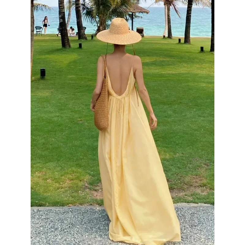 Halter letná pláž dovolenka backless elegant móda sexy záhyby streetwear dámske dámske lady Vestido žltý high pás