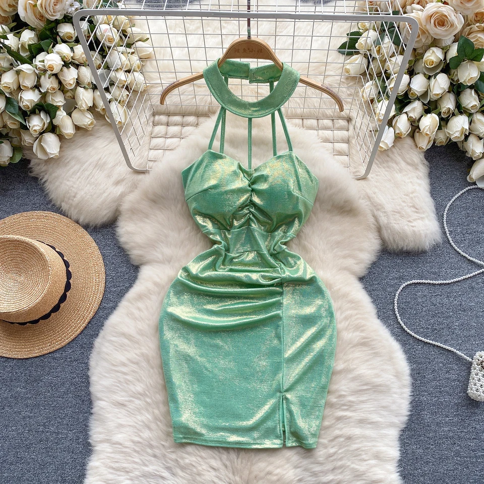Halter Slim Fit Glossy Chaty Sexy z ramena večerné večierky Ženy módne vintage zabalené zadok šaty