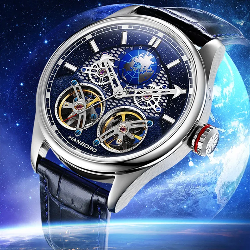 Hanboro Double Flywheel Globe Skeleton Watch Men z nehrdzavejúcej ocele Automatické mechanické hodinky Hviezda Sky Men Watch Watch