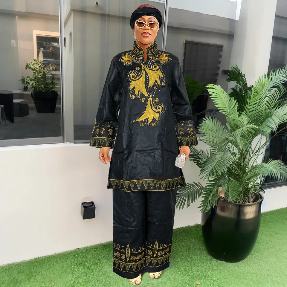 H&D Nové africké šaty pre ženy výšivky bazin čierna Ankara Rich Long Roups Nigéria Party Tradícia Svadba Ramadan
