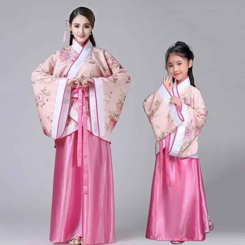 Hanfu Children 2024 Čínske kostýmy deti Kvetinové dievčatá Šaty Traditonálne pódium Noste ženy Dance kostým pre dospelé rozprávkové šaty