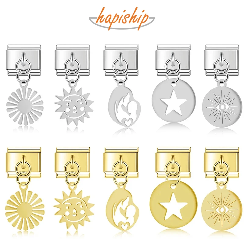 Hapiship 2024 New Fashion Women Star Flower Sun Charms Talian Link Fit 9mm náramok z nehrdzavejúcej ocele Výroba Diyjewelry DJ823