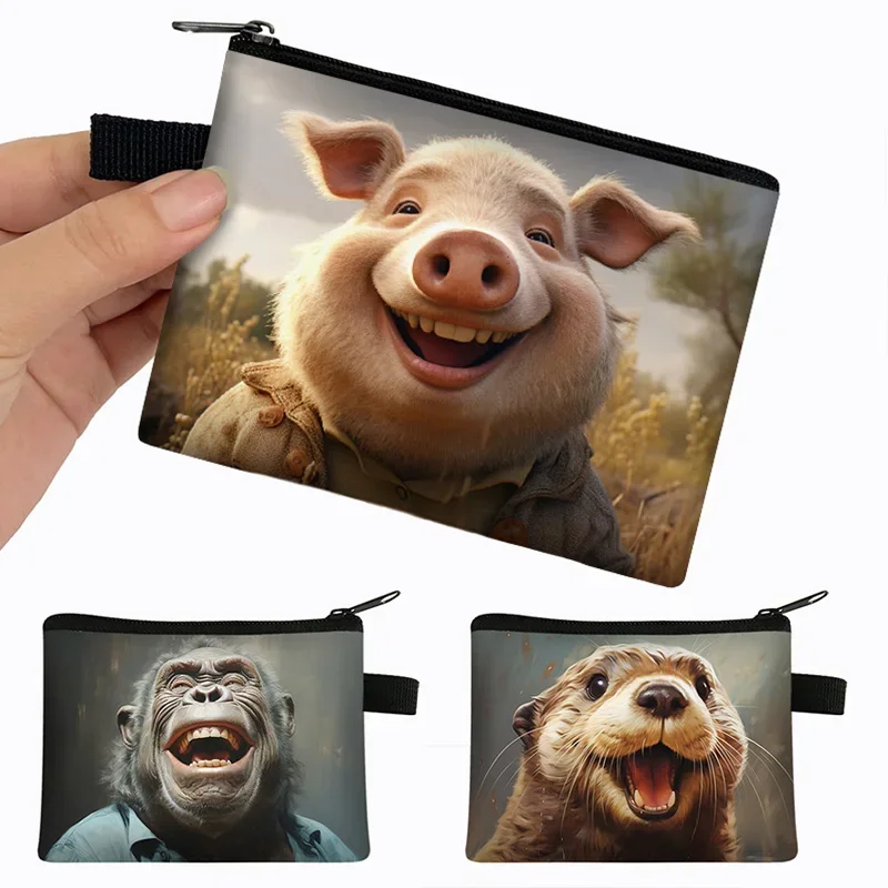 Happy Animal Faces mince kabelky vtipné smiech zvieratá ID držiak kreditnej karty malá peňaženka vydra opice tašky na zipsové tašky darček