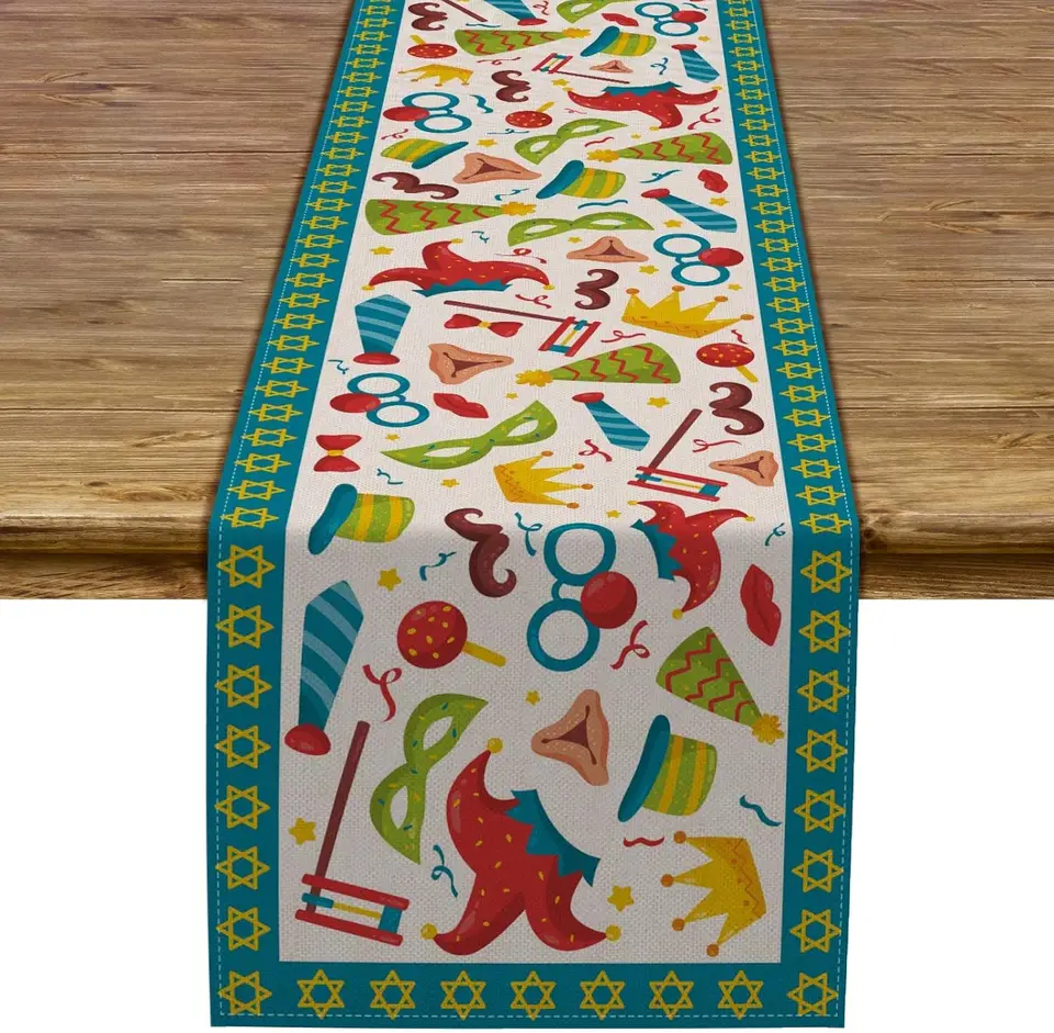 Happy Purim Linen Table Runner Hamantaschen Gragger Mask