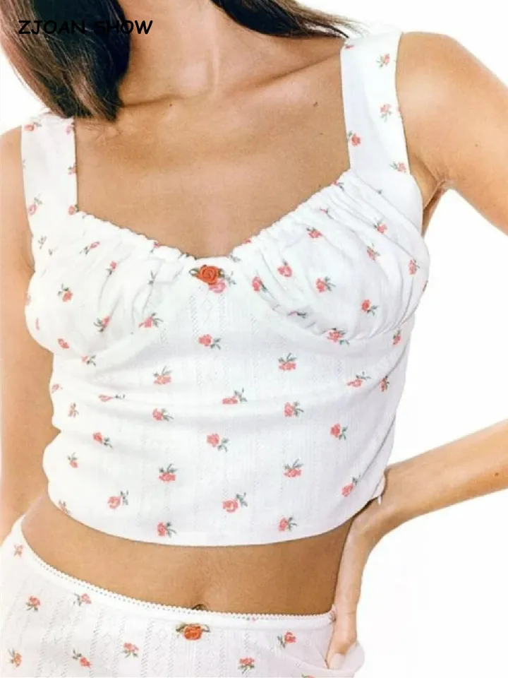 Harajuku 70. rokov vintage elastický V krk biely kvetinový tank Top rukávy bez rukávov základné tričká letné dievčenské plodiny top