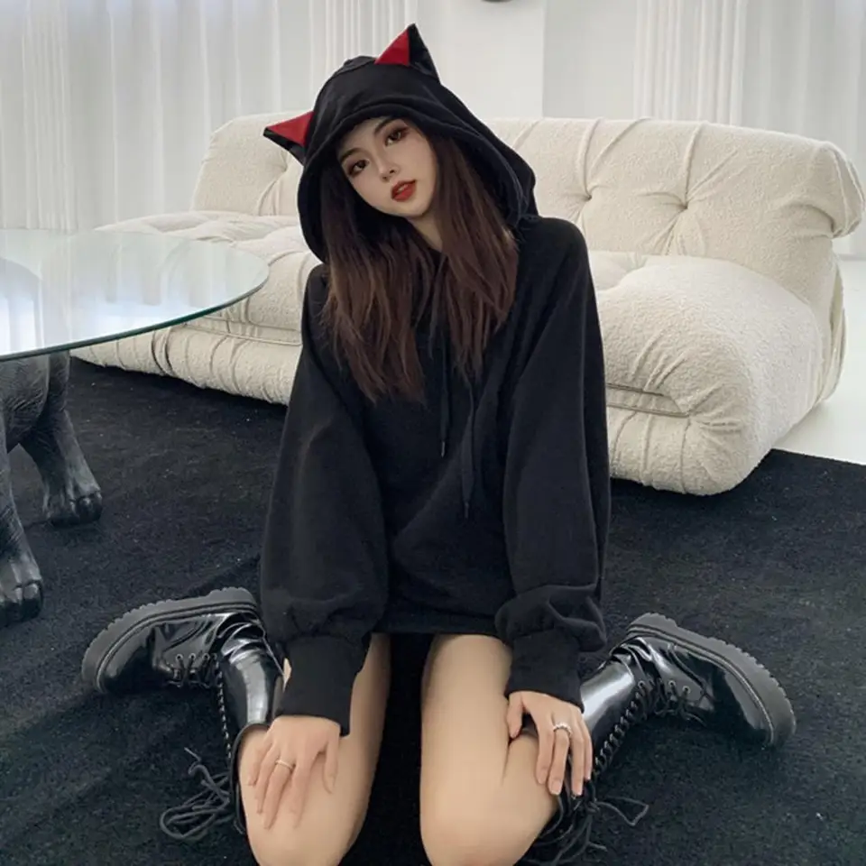 Harajuku Cat Ears Hoodie Ženy Čierny kawaii s dlhým rukávom Jeseň Zimná kapucňa Mikina gotické streetwear voľné oblečenie voľného oblečenia