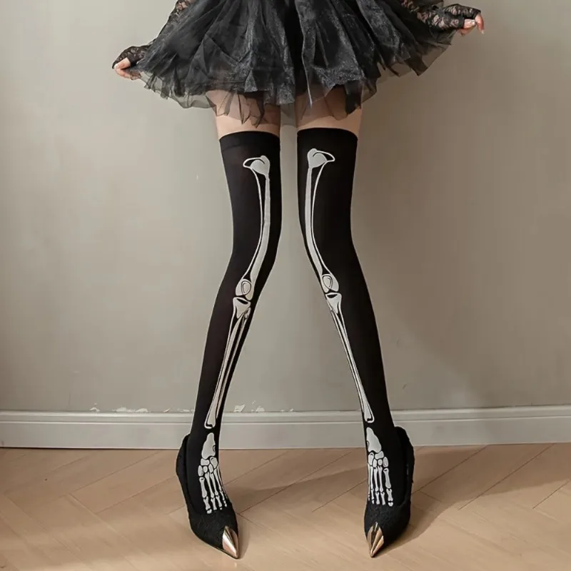 Harajuku Dark Skeleton Pattern koleno ponožky Ženy dievča gotický punk streetwear goth jk škola Príležitostné retro retro fosílne nohy kosti dlhé