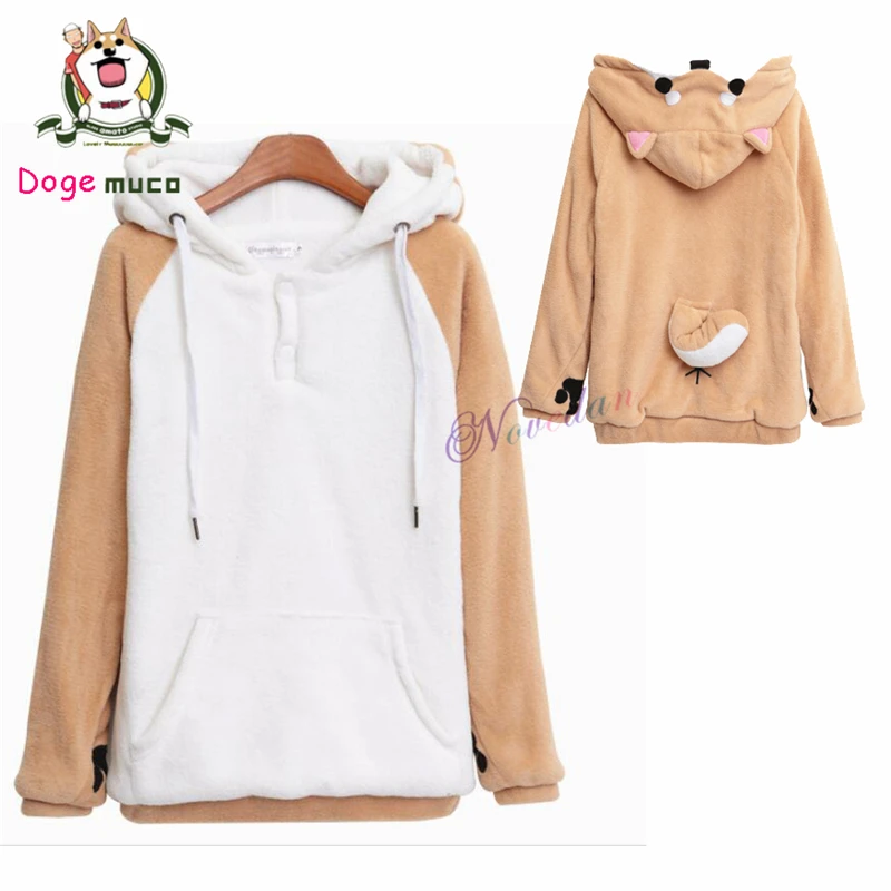 Harajuku doge muco kawaii japonské anime mikiny Ženy Mikiny s ušami roztomilé zimné plyšové krásne muco! Kapucňa s kapucňou