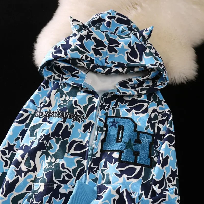 Harajuku démonové výšivky mikiny nadmerne veľtrhové maskovacie mikina gotický goth zips UP mikina y2k oblečenie páry streetwear