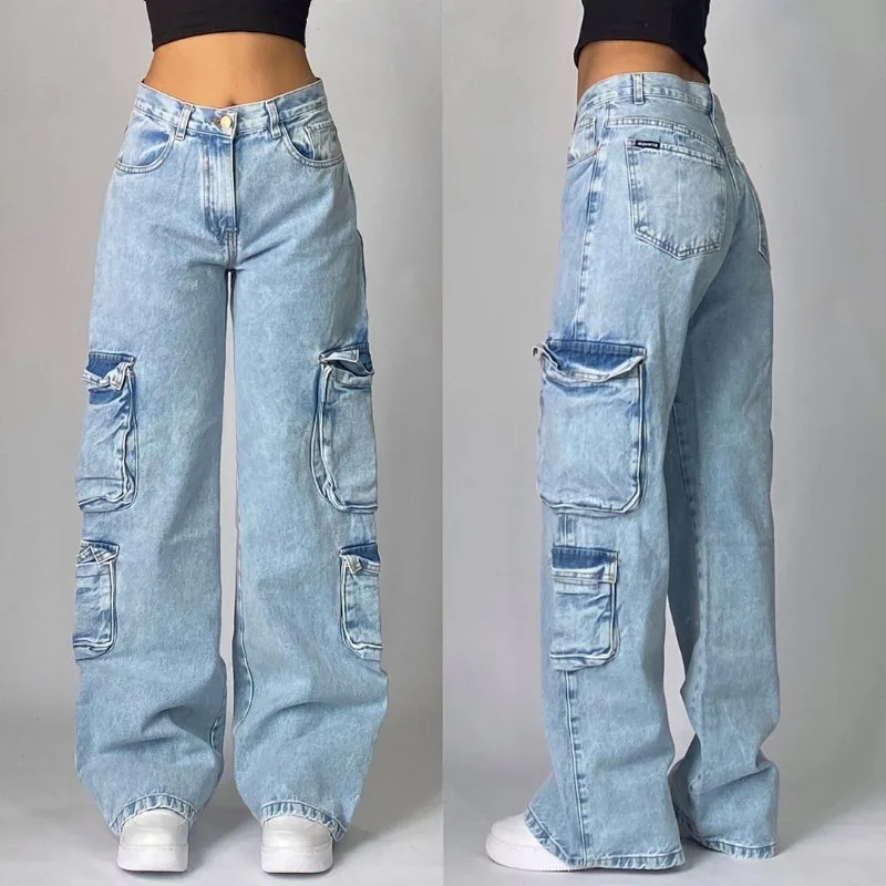 Harajuku módny ťažký priemysel Blue Washed viac vreckový džínsový džíns žien Y2K Street Populárne gotické nohavice s vysokým pásom s vysokým pásom