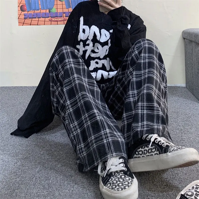 Harajuku Plaid Pants Ženy Nadmerné nohavice na široké nohavice Žena Kórejský štýl Vysoký pás Pajama 2022 Jarné leto