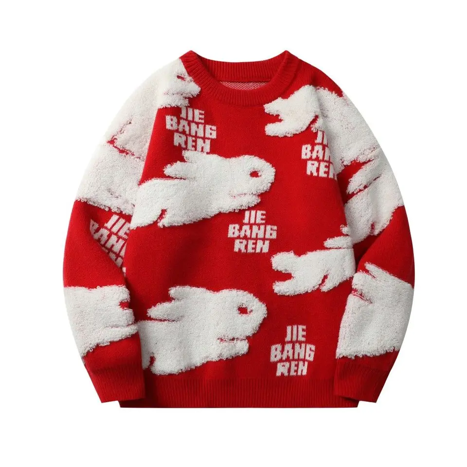 Harajuku pár králičie sveter bunda Červené voľné pletené sveter bunda módne pruhované nadrozmerné sveter pánske oblečenie pullover
