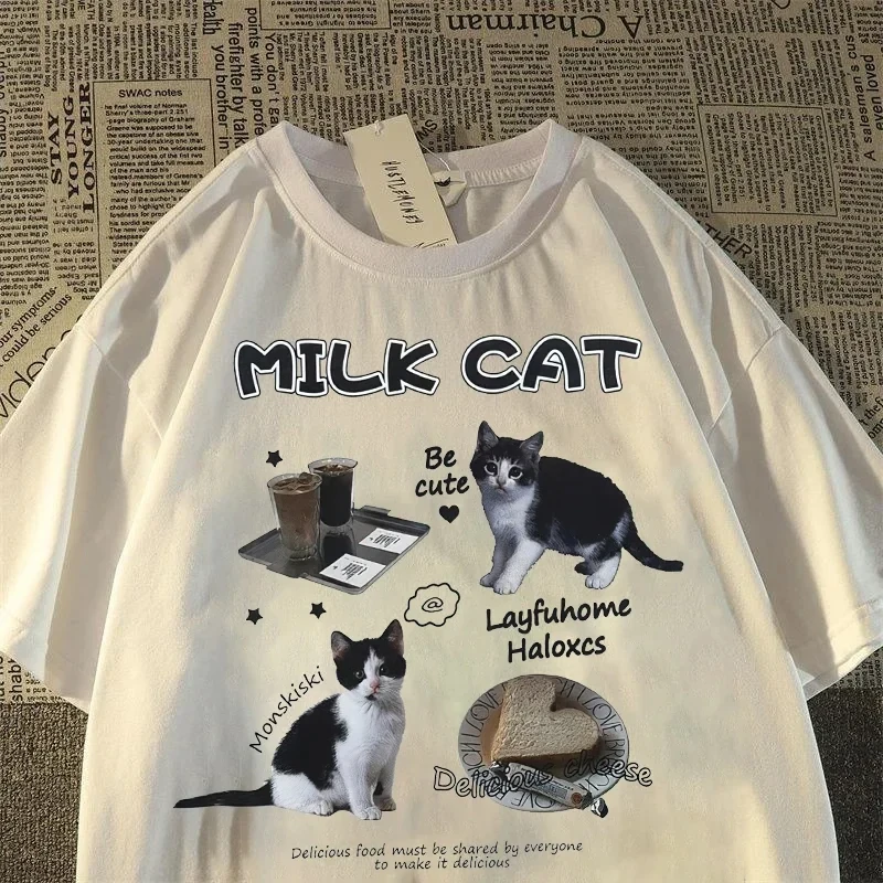 Harajuku roztomilé mačacie grafické tlačové tričko Korean štýl letné tričko Y2K Ženy Streetwear Fashion Fashion Top estetické dámske odevy vrcholy