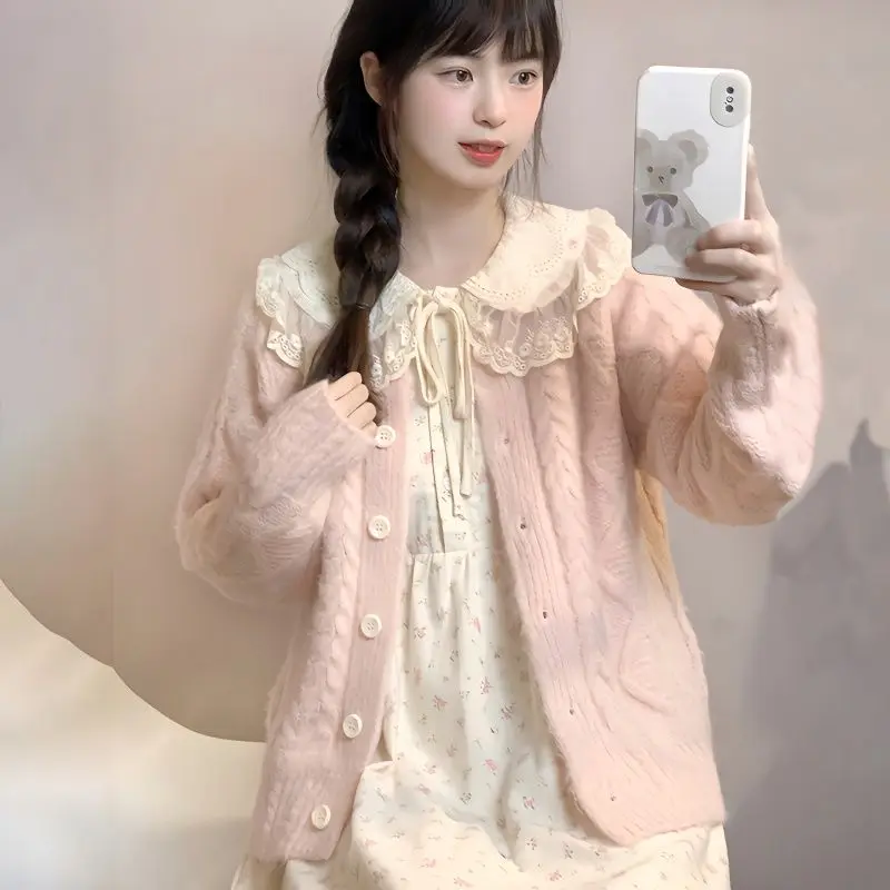 Harajuku Sladké ružové ružové pletené pletené vrcholy Dámske+ Y2K Peter Pan Collar Kvetinové šaty 2025 Jeseň Nové dvojdielne súpravy