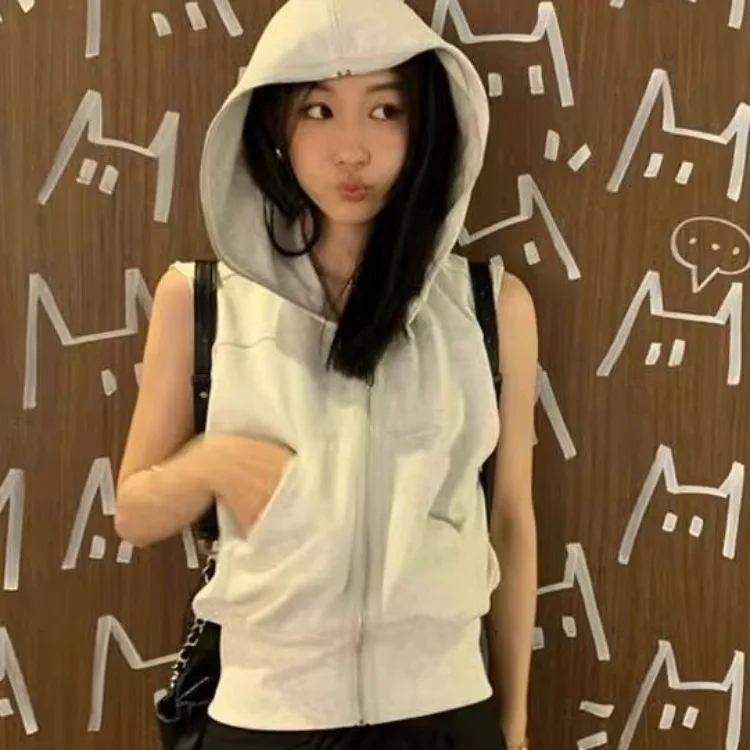 Harajuku Vintage Hoodie Jackets Vesta pre ženy 2025 letné nové topy Mujer Y2K E-Di-Girl Loose bez rukávov zips zips cardigan Coats