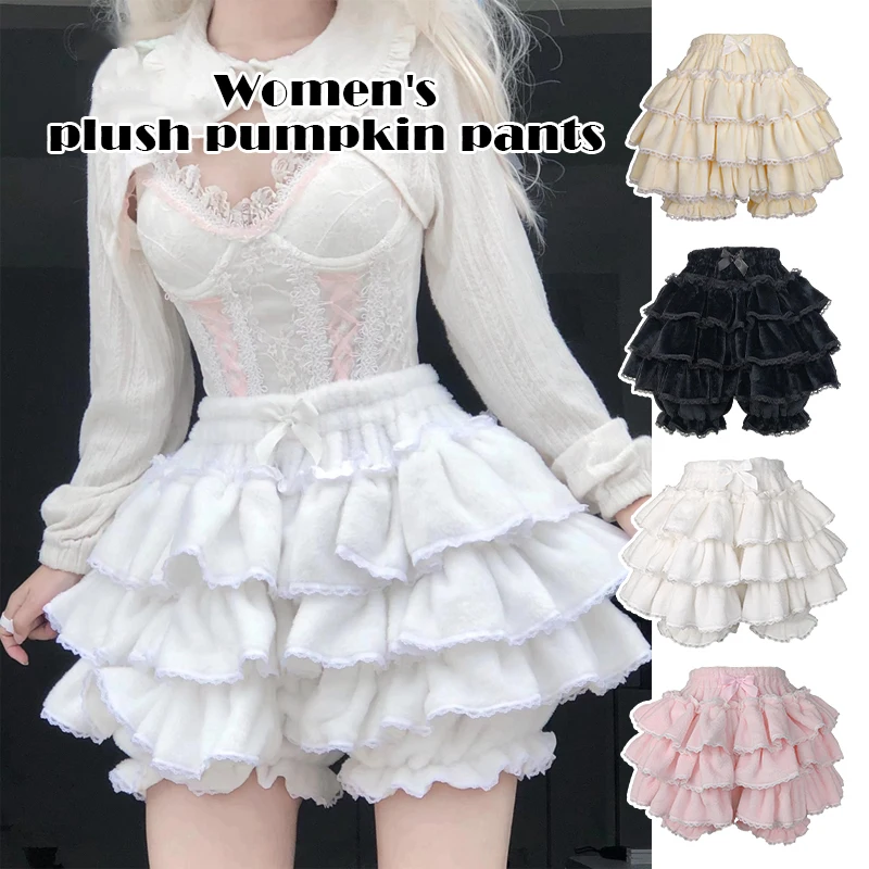 Harajuku y2k sladké ružové biele zamatové tekvicové nohavice lolita kvety jk plyšové kraťas