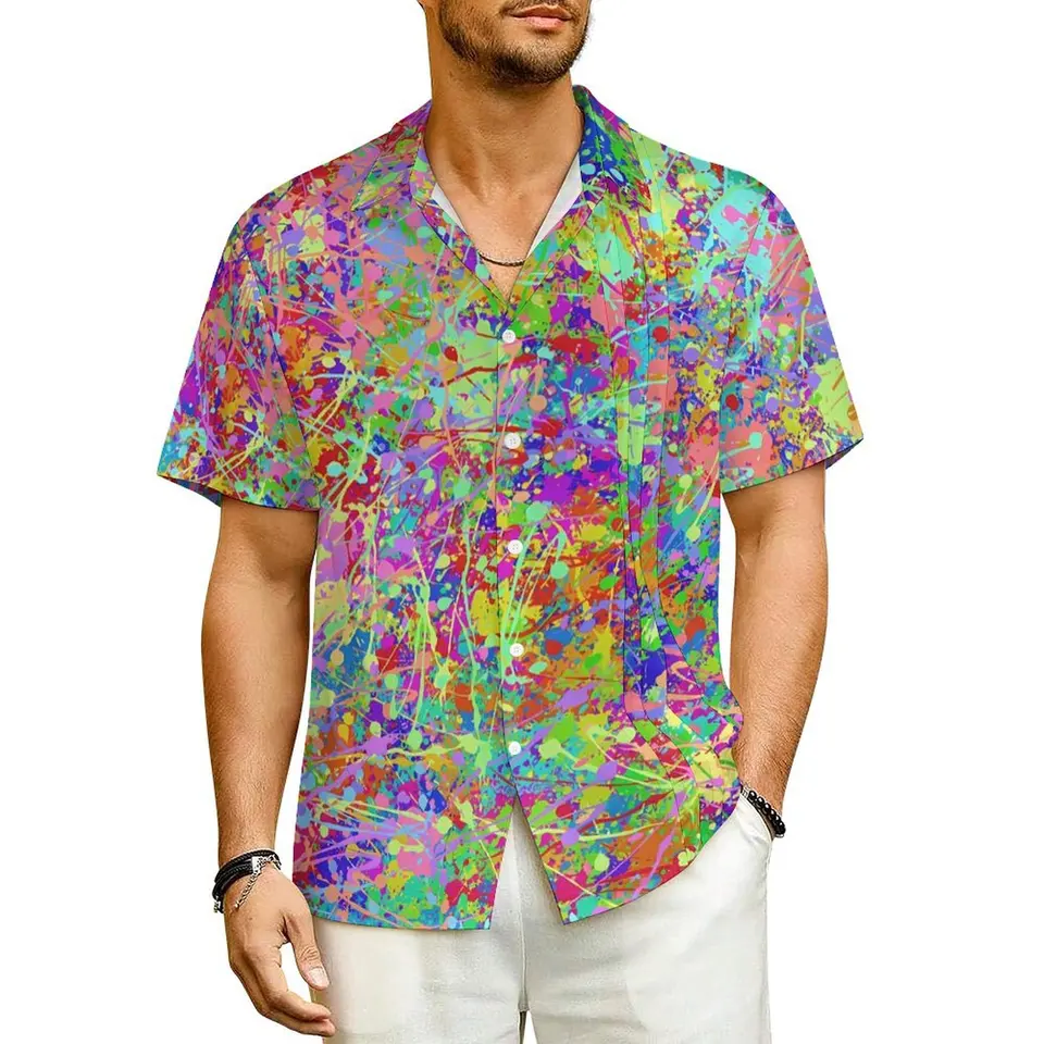 Havaj košeľa dovolenka neónové farby Blouses Multicolor Splatters Loose Cast Tirls Man s krátkym rukávom