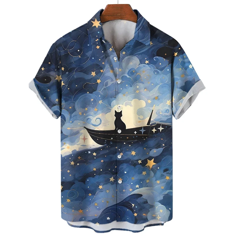 Havajské košele Nové karikatúry Anime Cat Pattert Tlač tlačidiel s krátkym rukávom Tričko 2024 Y2K Tops Summer Cast Casual Womens Búzka odpaliská