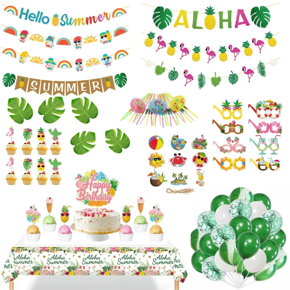 Havajské párty dekorácie Flamingo Banner Palm Leaf Paper Glass Tropical Aloha letná párty svadobné narodeninové párty dekorácie