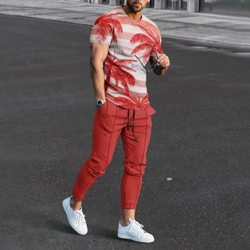 Havajský módny kokosový strom 3D tlač Men Men Sportswear set s krátkym rukávom tričká nohavice 2-dielne súprava nadmerne veľtrhov