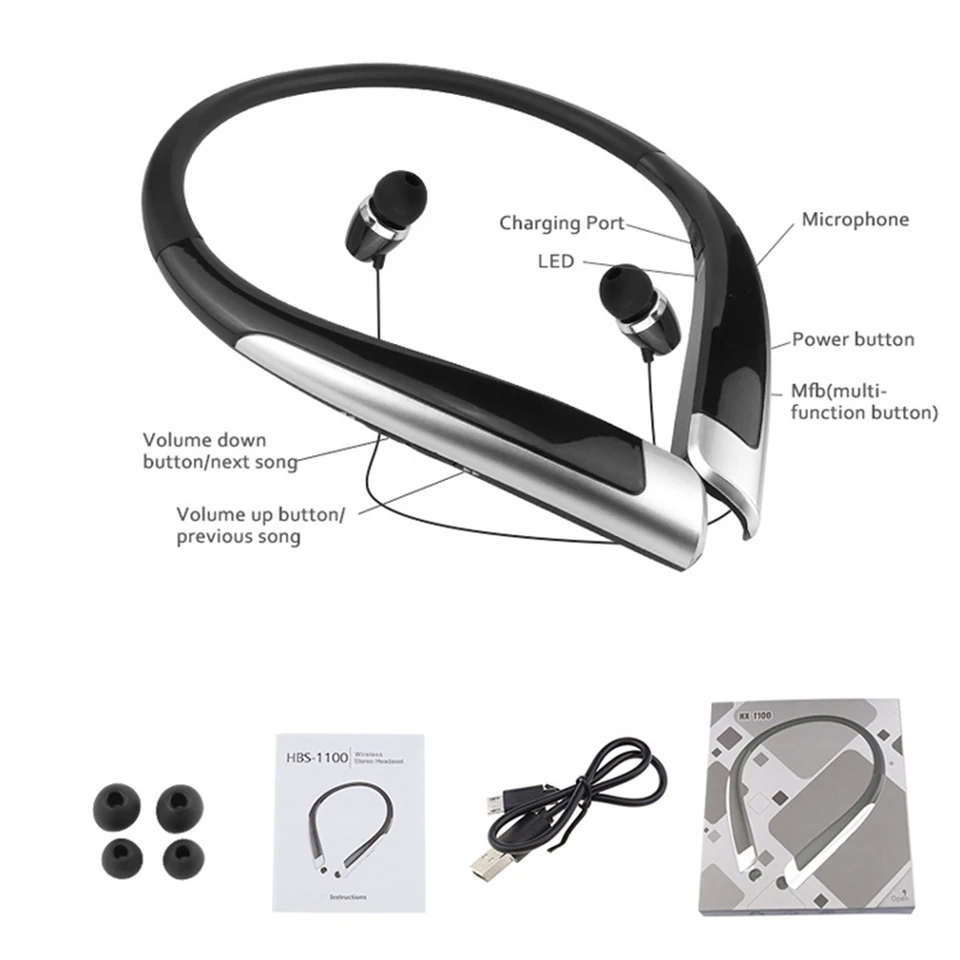 HBS-1100 Stereo Bluetooth slúchadlá binaurálne bez ruky na krk na krk módne mini bezdrôtové headset Universal Android iPhone