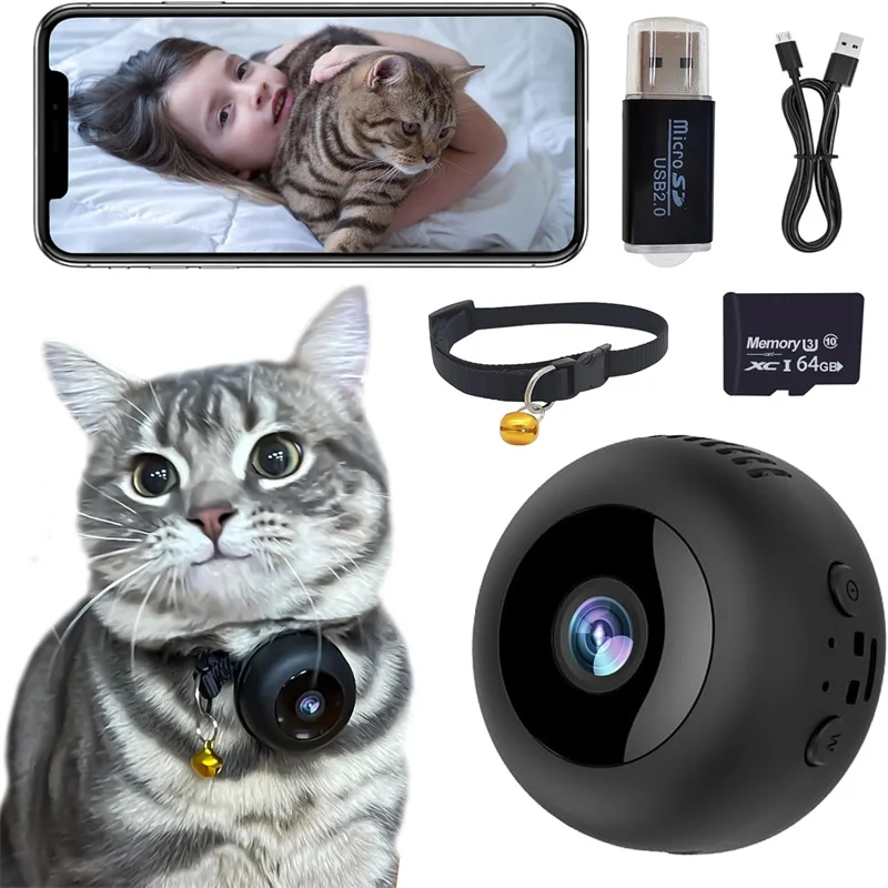 HD 1080p Mini Pet Camera Contore s 64 GB SD Card Night Vision, Diaľkové prehrávanie, golier kamery pre psov pre vnútorné/vonkajšie