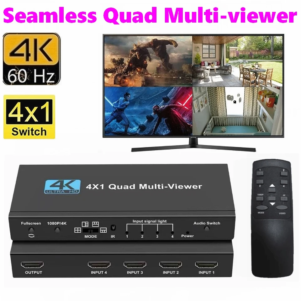HDMI 4x1 Multi-pohľad na prepínač 4k bezšvový štvorkolkový obrazovka v reálnom čase Multi Viewer Splitter 4 v 1 Out HDMI Switch Adapter s IR
