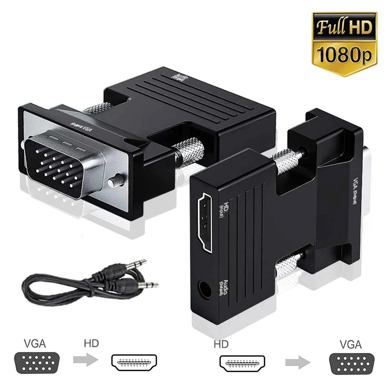 HDMI kompatibilný s VGA adaptér s 3,5 mm zvukovým káblom pre PC NAPLATÉ TV Box Projector HD 1080p VGA až HDMI kompatibilný prevodník