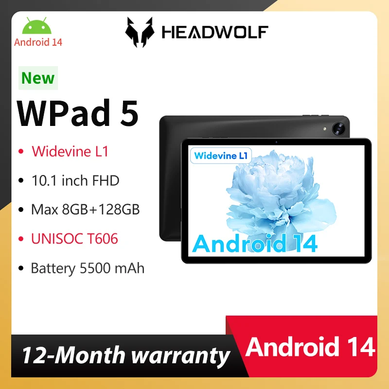 Headwolf WPAD5 Android 14 Octa-Core Tablet 10,1 palca 4+4 GB RAM 128 GB ROM 5500 MAH WiFi Tablet Support WideVine L1