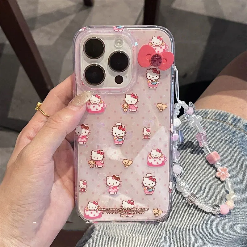 Hello Kitty Bow Kawaii Puzdro pre iPhone 15 14 13 12 11 Pro Max xr xs Max 7 8 Plus Mini Y2K Pink Wave Point Laser Cover