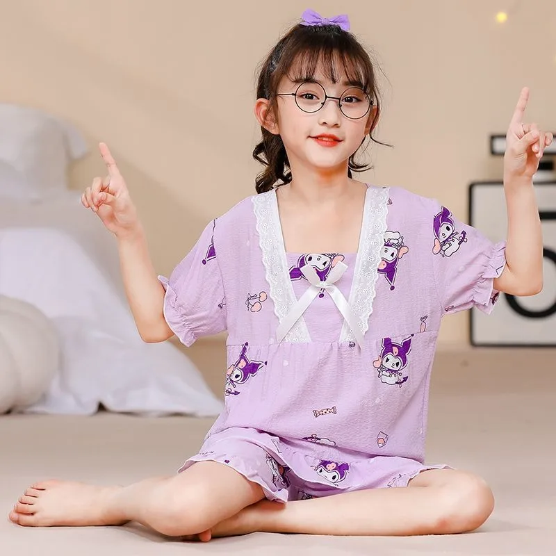 Hello Kitty Family Cinnamoroll Kuromi My Melody Pochacco Pajamas Girls letný krátky rukáv roztomilé móda kawaii domáce oblečenie