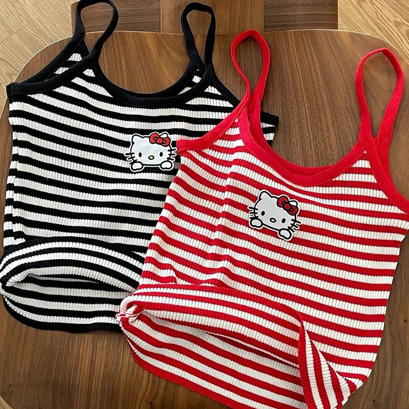Hello Kitty Kawaii Sanrio Summer Daily Soft Girl Cute Sweet Cool Wind Y2K pikantné dievča ohláňacie pruhované pruhované tank Top Outster