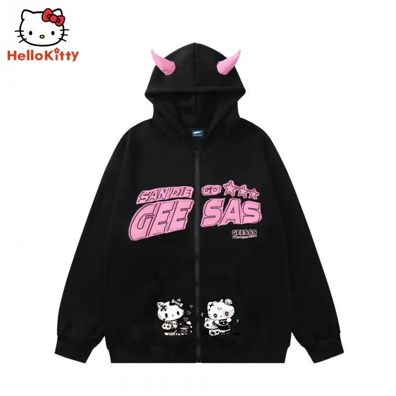 Hello Kitty Little Devil Horn Vyšívaná mikina s kapucňou Sanrio Kuromi Jazdec Študent voľný príležitostný Top pár kabátov