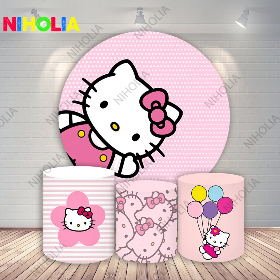Hello Kitty Round Canceder Carle Calvers Dievčatá 1. narodeninová oslava detská sprcha Dekorácie pozadie pre stolík na tortu
