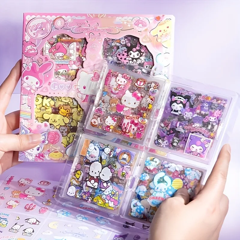 Hello Kitty Sanrio Neopakovanie 100-dielnej nálepky Set Cinnamoroll Kuromi Witerproof Krabica krabičky k narodeninám darček pre darček