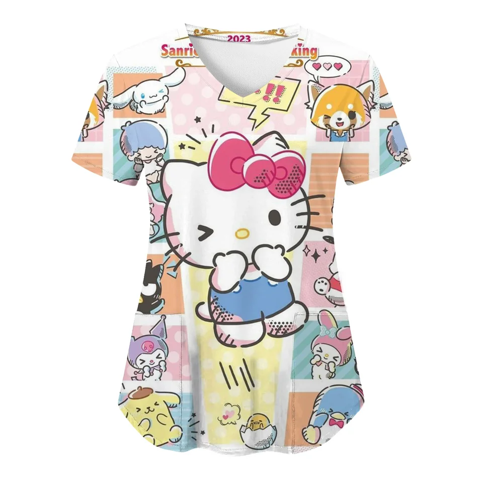 Hello Kitty tlač Working Uniforma vrecka Blúzka Tričko Ženy V-krk vrcholy sestry Uniformný obchod pracovné odevy Heathcare tunic