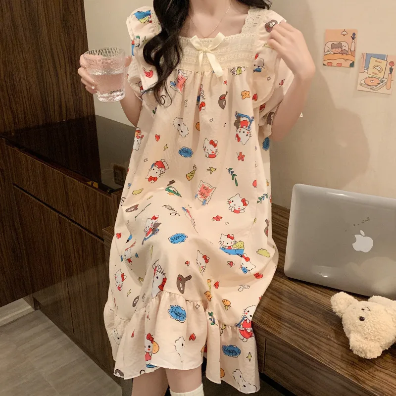 Hellokitty letná nočná nočná koľaa Sanrio moja melódia Pure Cotton Pyskamas Lace Lace s krátkym rukávom voľné sladké domáce nosenie vonkajšie opotrebenie