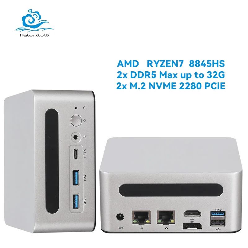 HELORPC Gaming MINI PC s AMD RYZEN7 8845HS Podpora WIN10/11 Linux 2xDDR5 2XUSB 1XHDMI 1XDP 4XUSB 2x2.5g GBE LAN počítač