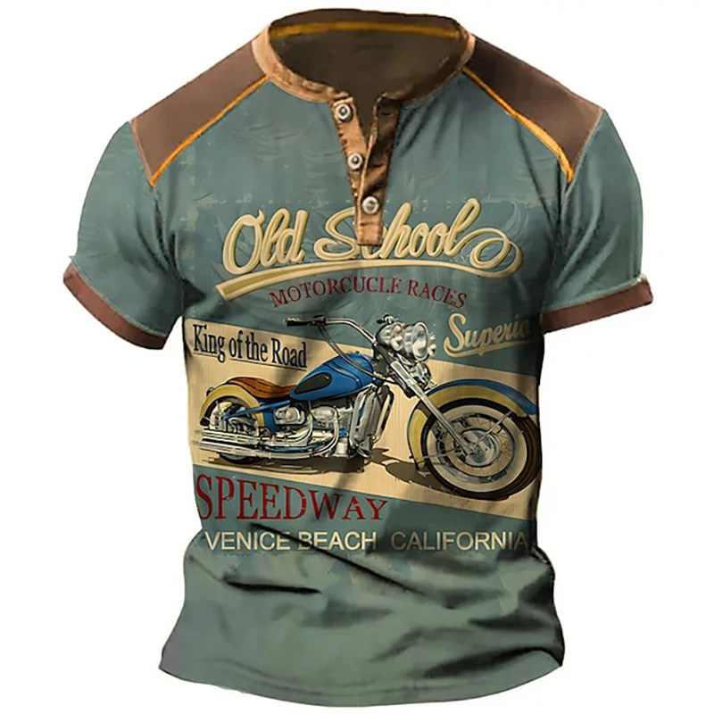 Henley-Pánske tričko s motocyklom, vintage 3D tlač, tričko s krátkym rukávom, neformálne pouličné oblečenie, S-6XL