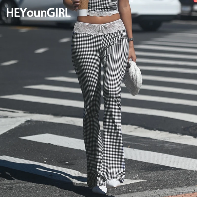Heoungirl Fashion High Street Plaid Plaid Pants Pants Lace Bow Patchwork Y2K Dámske chudé nohavice Chic Estetickú ležérne oblečenie štíhle