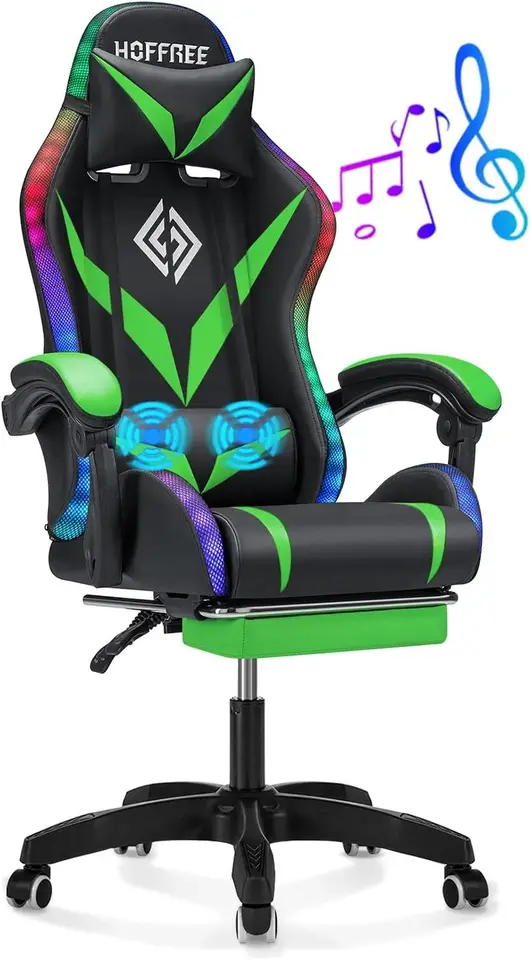 Herná stolička Hoffree RGB s reproduktormi a masážnou ergonomickou počítačovou stoličkou so svetlami a stoličkami s kreslom na nohách
