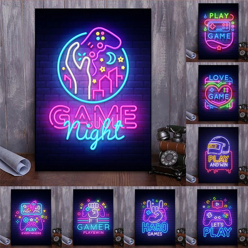 Herné citáty Neon Art Plaget Gamepad Game Zone výtlačky plátno maľba nástenné obrázky pre hru Gamer Boys Room Herne Decor