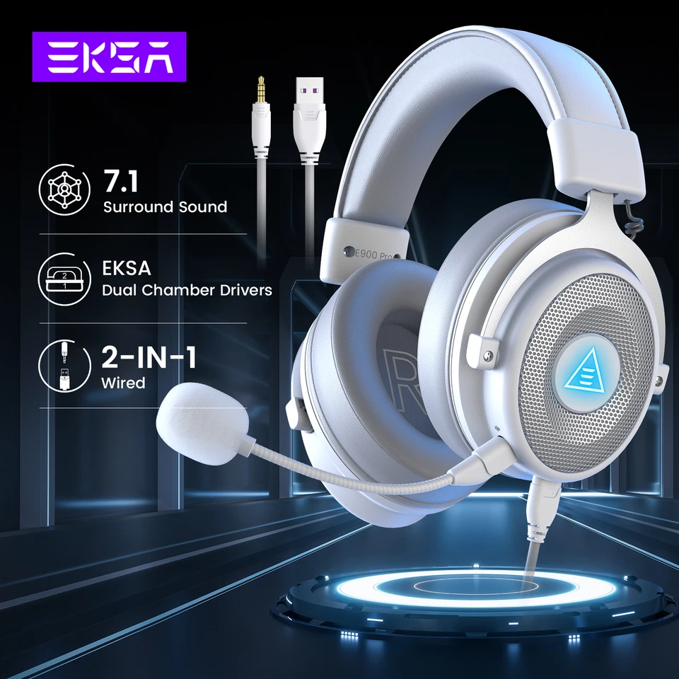 Herné slúchadlá EKSA pre PC, E900 Pro vylepšené káblové headset Gamer, 7.1 Obklopte mikrofónom na potlačenie hluku pre PS4/PS5/Xbox