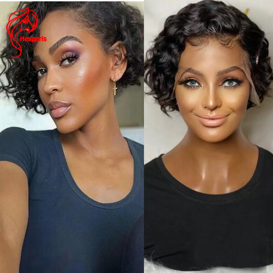 Hesperis Curly Pixie Cut Human Hair Parochne vopred vytrhnuté krátke bobové čipky predné parochne bočná časť Vodná vlna krátky bobový rez pixie parochňa