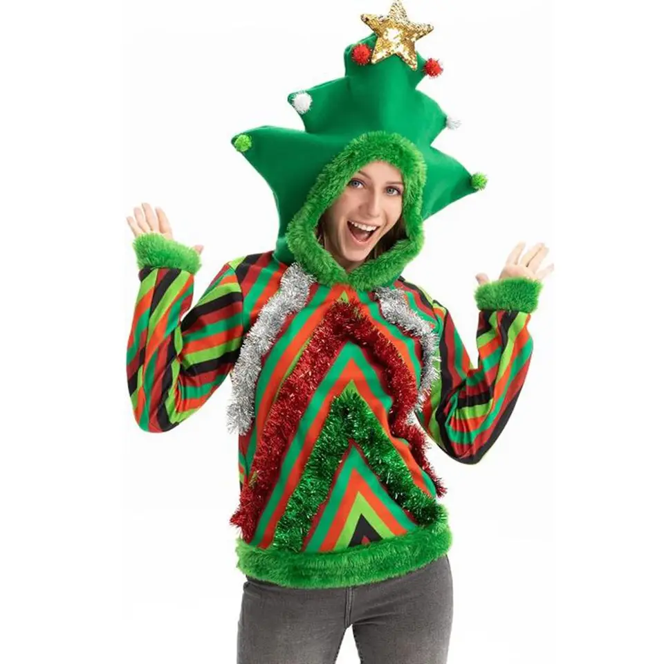 Heziowyun Ženy Men Unisex vianočné pulóvery s dlhým rukávom Flitrované hviezda Tree s kapucňou mikina kontrastu CONFORM COSPLAY