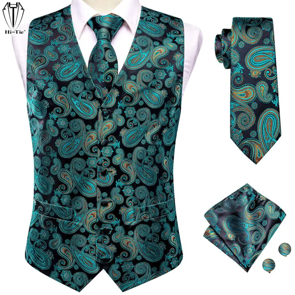Hi-Tie Silk Paisley Mens Vest Hanky ​​Cufflinks Set Rovnaký vzor oranžový hnedý purpurová šedozelená bunda vesty pre svadobnú kanceláriu darček