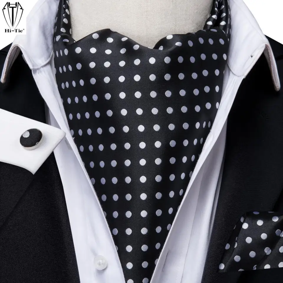 Hi-Tie Silk Vintage Pánske ascots Hanky ​​Cufflinks Set čierne biele bodky Cravat kravata obleky Men Jacquard Ascot Vysoko kvalitný darček