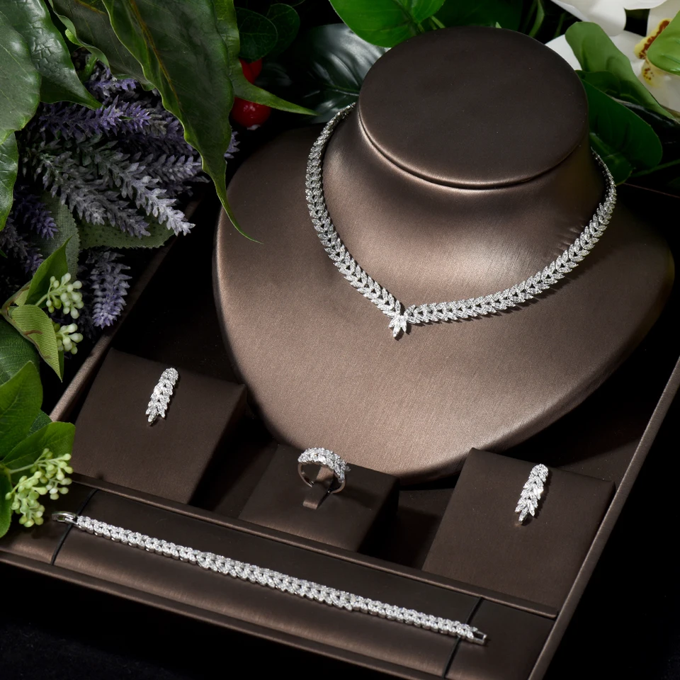Hibride Creative Leaf Deisgn Pendant náhrdelník súpravy prsteňov bielej farby kubická zirkónia dlážkové šperky pre ženy pre ženy svadobné S-029