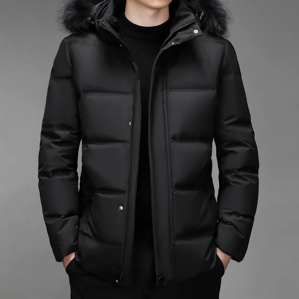 High-end Down Jacket Pánska zimná móda klasika vlnená obojok s kapucňou White Duck Down Warm Coat Business