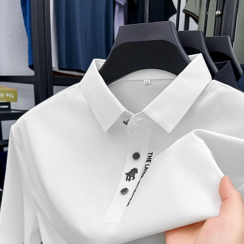 High-end Ice Hodváb Kvalitná pánska košeľa Pánske letné klopanie Vyšívacie tričko, ktoré nie je z stojaceho krátkeho rukávu 2025korean golf Menwear